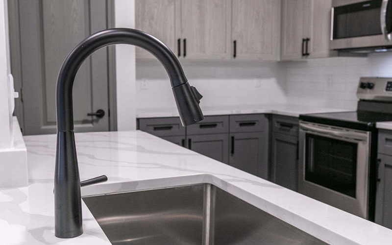 Renovated black matte gooseneck faucet in bright kitchen